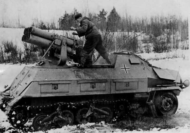 German soldier preparing to fire a Panzerwerfer 42