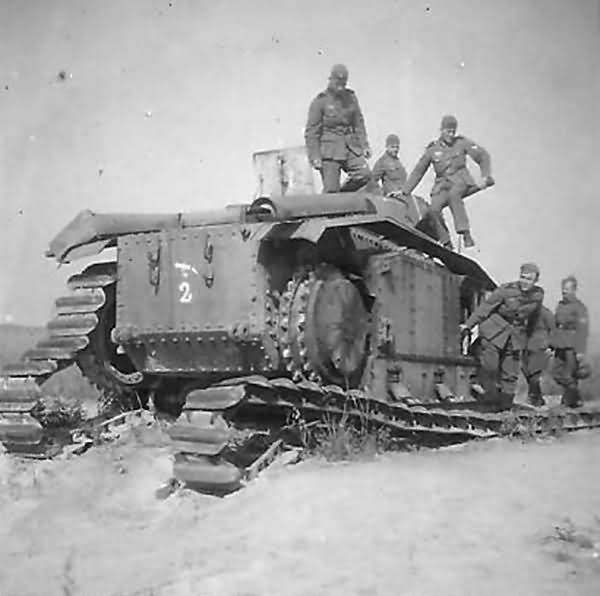 German soldiers examining knocked out French Char B1 bis
