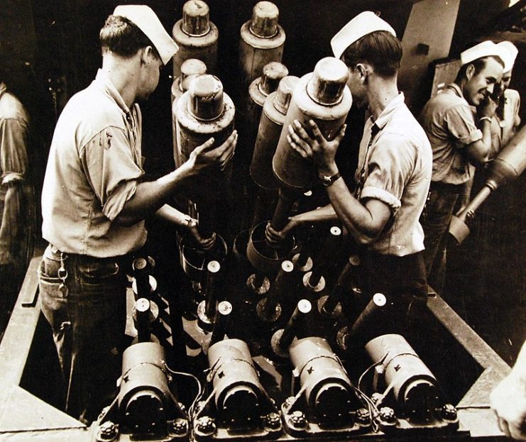 Hedgehog bomb projectors used in anti-submarine warfare.