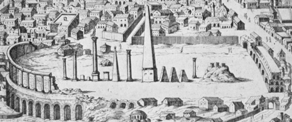 Ruins of the Hippodrome, from an engraving by Onofrio Panvinio. The engraving, dated 1580, may be based on a drawing from the late 15th century. The spina that stood at the center of the chariot racing circuit was still visible then. In modern Istanbul, three of the ancient monuments remain.