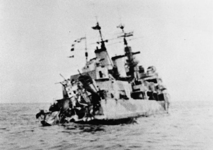 HMS Edinburgh’s wrecked stern after being struck by a torpedo on 30 April 1942.