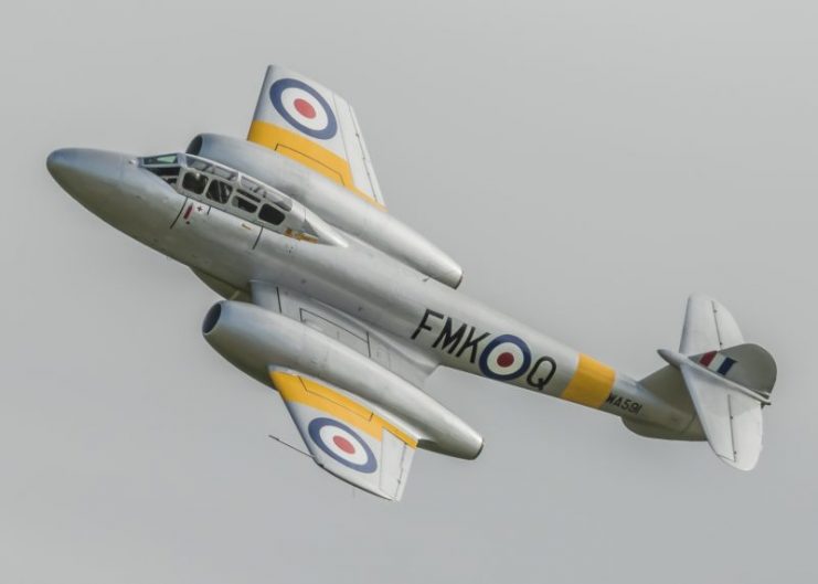 Gloster Meteor T7 military jet training aircraft of the 1940s & 1950s pictured in flight over Cambridgeshire, UK.