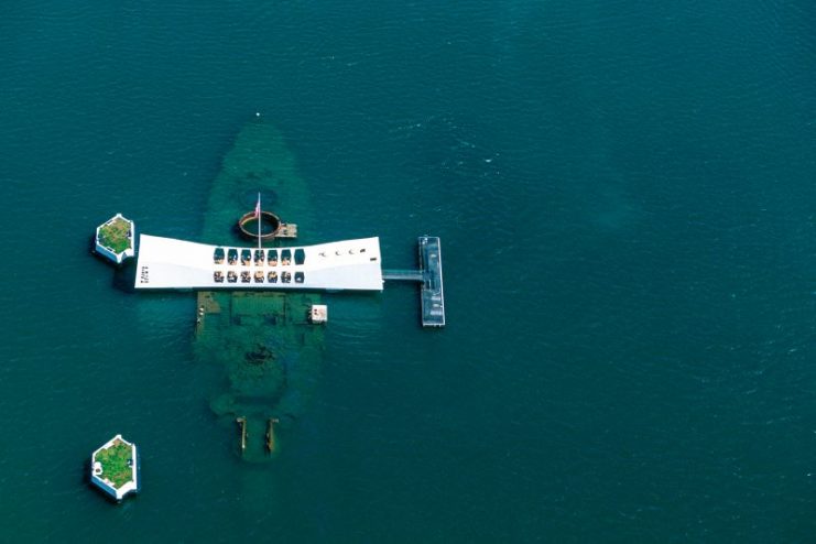 Aerial view of the sunken USS Arizona