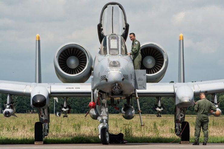 US Air Force A-10 Thunderbolt II attack aircraft on the tarmac of Volkel airbase.