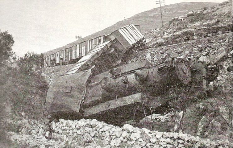 K class 2-8-4T steam locomotive and freight train after being sabotaged