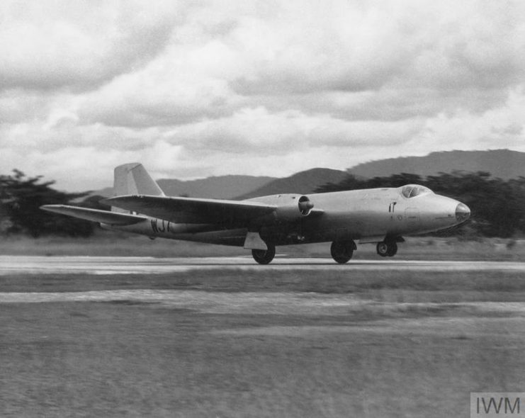 The Royal Air Force in the Malayan Emergency, 1948-1960. A Canberra B1 bomber aircraft landing at RAF Butterworth, 1950s.