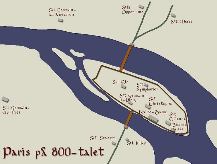 Map of Paris in the 9th century. The city was concentrated on Île de la Cité, an island on the Seine. Photo: Sven Rosborn CC BY-SA 3.0