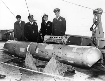 Eighty days after it fell into the ocean following the January 1966 midair collision between a nuclear-armed B-52G bomber and a KC-135 refueling tanker over Palomares, Spain, this B28RI nuclear bomb was recovered from 2,850 feet (869 meters) of water and lifted aboard the USS Petrel