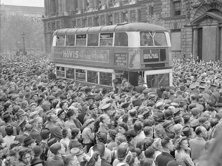 People gathered in Whitehall to hear Winston Churchill’s victory speech, 8 May 1945