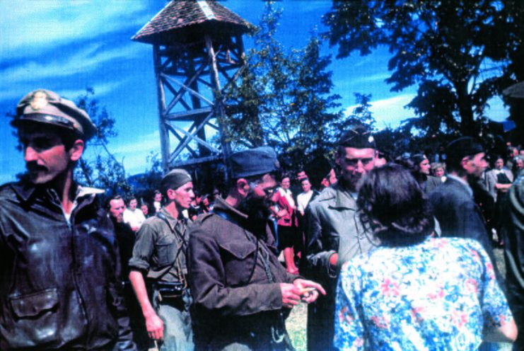 Joint US/Chetnik military ceremony in Pranjani September 6, 1944. Capt. Nick Lalich (OSS Halyard Mission), Gen. Dragoljub Mihailovic (Yugoslav Army in the Homeland), and Col. Robert McDowell (OSS Ranger Mission).