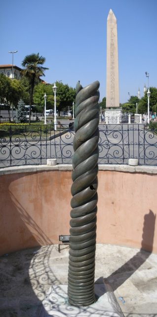 The Serpent Column (front) with the Obelisk of Thutmose III (back).