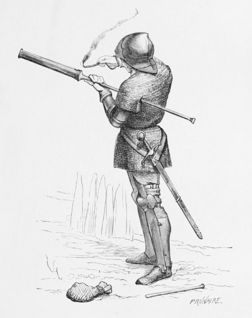 Swiss soldier firing a hand cannon late 14th, 15th centuries, produced in 1874.