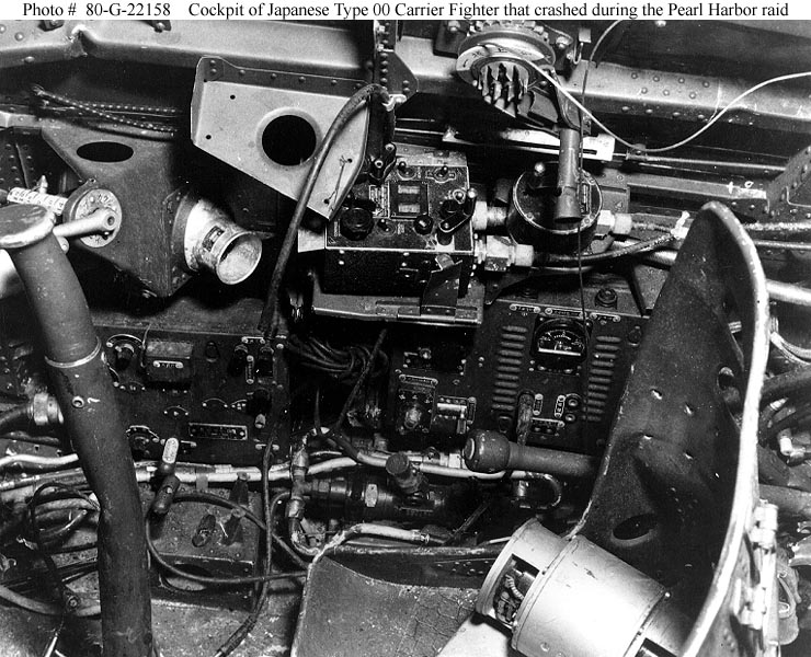 The cockpit (starboard console) of an A6M2 which crashed during the attack on Pearl Harbor, killing the pilot.