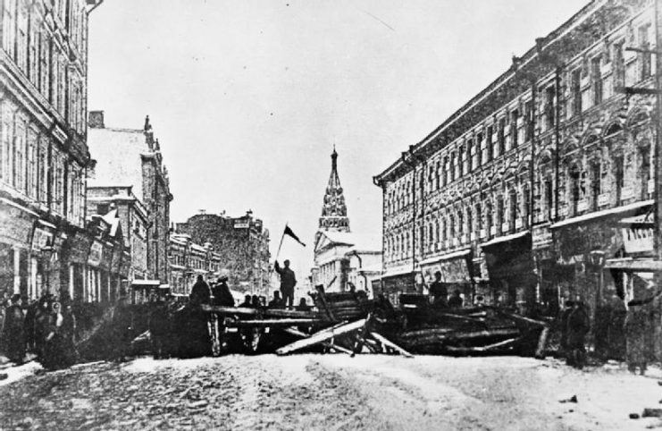 The Russian Revolution 1905: A barricade erected by revolutionaries in Moscow.