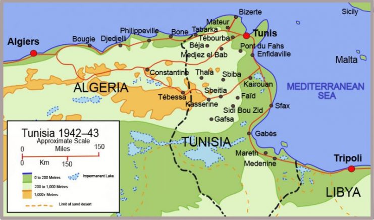 Sketch map of Tunisia during the 1942–43 campaign.