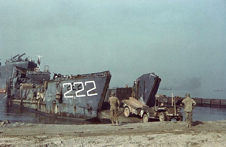 U.S. Navy tank landing craft offloads a U.S. Army jeep at Salerno.1943