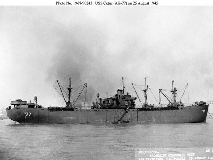 USS Cetus (AK-77), at anchor in San Francisco Bay, 25 August 1945.