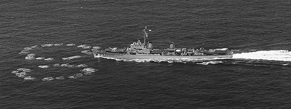 USS Sarsfield after firing dual Hedgehogs