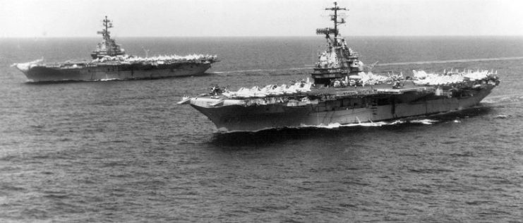 Oriskany (foreground) and her sister Bonhomme Richard conducting operations in the Gulf of Tonkin in 1970