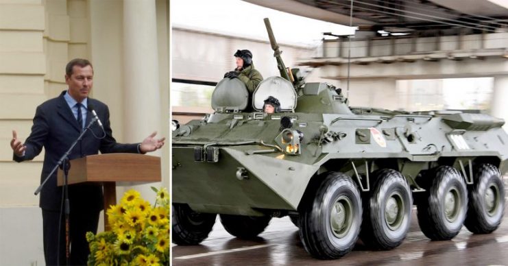 Artūras Zuokas. Photo: Alma Pater / CC BY-SA 3.0. BTR-80 tank. Photo: Vitaly V. Kuzmin CC BY-SA 4.0