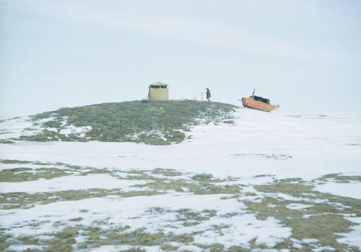 Weasels were still used after snow started melting on the tundra. Tent used as wind break to reduce vibration of observing instrument. Alaska, Colville Delta.