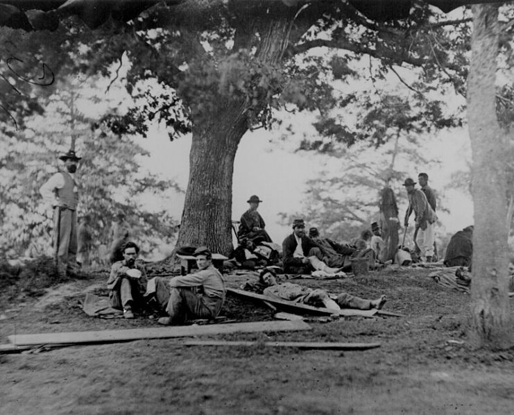 Wounded Union soldiers being tended near the Marye house in Fredericksburg, Va., after the Battle of Spotsylvania.