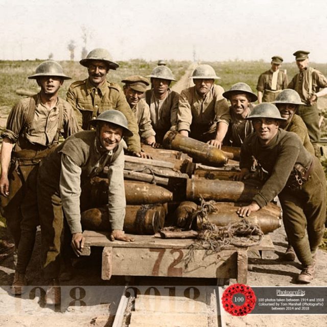 3. Royal Garrison Artillery gunners pushing a light railway truck filled with shells, behind Zillebeke, 1st October 1917. Original image courtesy of the National Library of Scotland.