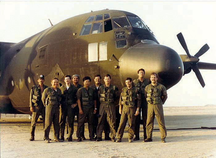 Capt. Michael Sumida poses with the crew of the attempted rescue mission of 66 Americans hostages from Iranian militants.