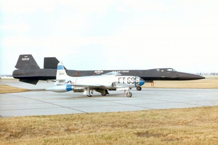 Size contrast between the Lockheed F-80C (front) and the Lockheed YF-12A at the National Museum of the United States Air Force. (U.S. Air Force photo)