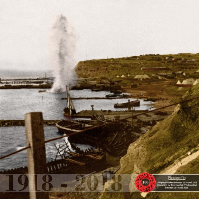 9. A shell bursts off the beach of Gallipoli, 1915. The caption on the original image was written by Dr. Andrew Horne of the Royal Army Medical Corps (RAMC), from Ballinasloe, Co. Galway, Ireland. 
