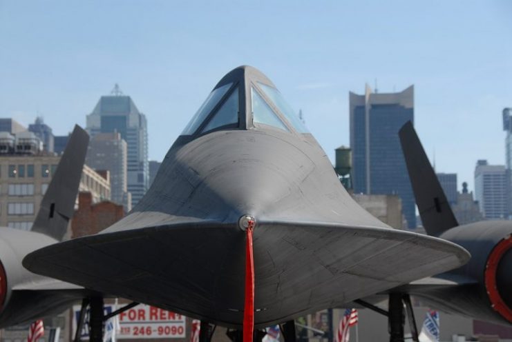 Head-on view of a Lockheed A-12 on the flight deck of the Intrepid Sea, Air & Space Museum in New York City.