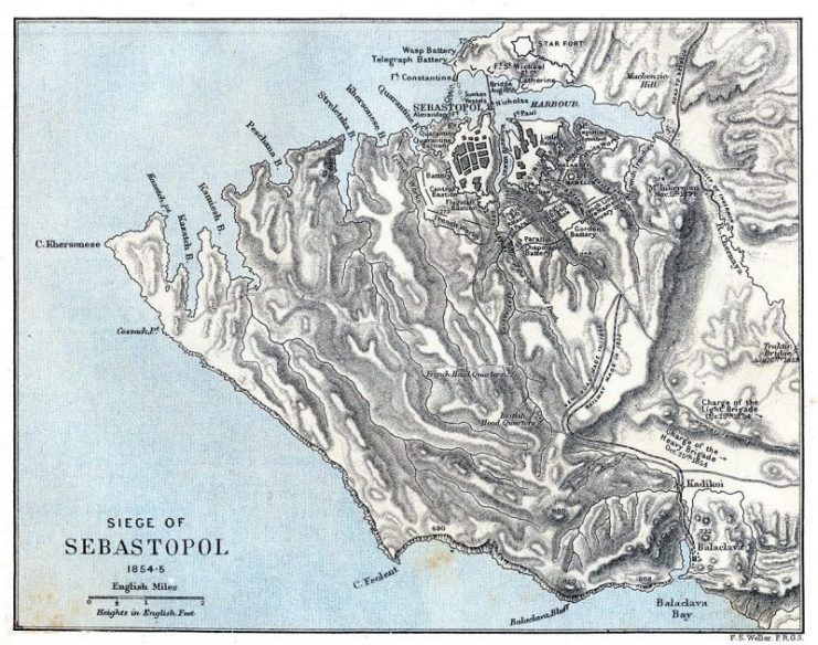 Historical map showing the territory between Balaclava and Sevastopol at the time of the Siege of Sevastopol