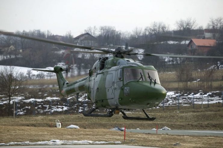 An Army Lynx helicopter hovers during an exercise in Bosnia