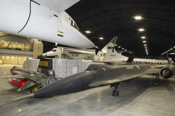 General view of the North American XB-70 Valkyrie and the Lockheed YF-12A. (U.S. Air Force photo by Ken LaRock)