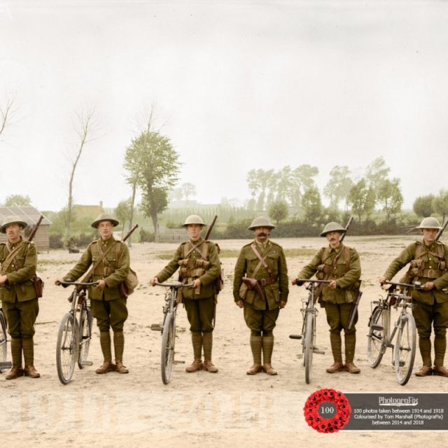 19. Canadian cyclists, the front cover image of Colin Kirsch’s history of military bicycles in the Great War ‘Bad Teeth No Bar’. 