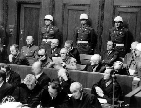 1946 Nuremberg courtroom- Rosenberg (front row, left)