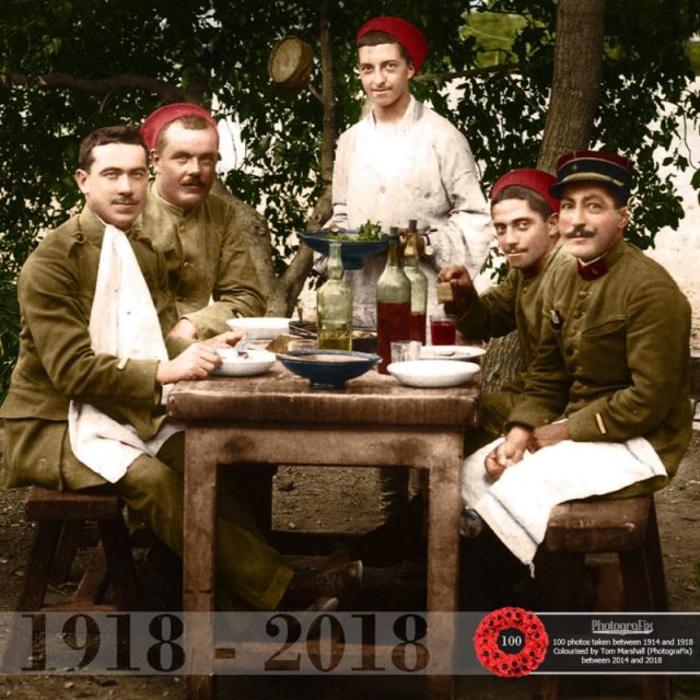 22. North African soldiers enjoy lunch possibly on farming leave in El Kseur. Note the khaki style uniforms issued to Algerian units. Stood at the back is Charles Déjalma Moucan. This photo is included with the permission of Moucan’s grandson Andre Chissel.
