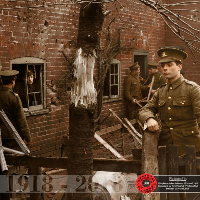 29. Soldiers inspect a garden and destroyed cherry tree, following a raid made by a single German aeroplane on Colchester on 21st February 1915.