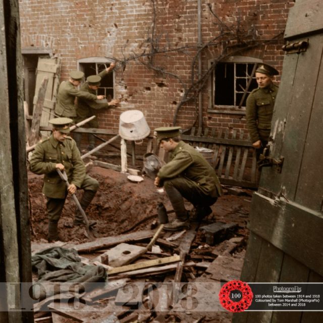 33. Soldiers inspect damage following a raid made by a single German aeroplane on Colchester on 21st February 1915.