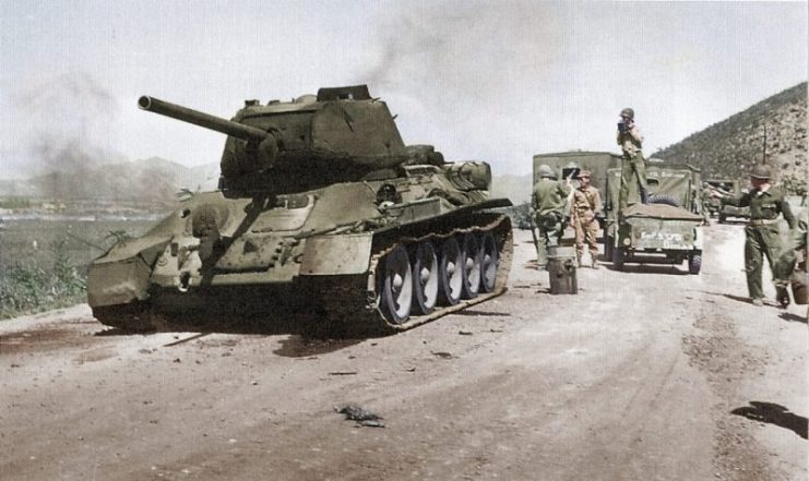 A Soviet-made North Korean T-34 tank, knocked out during the UN advance from Incheon to Seoul after the amphibious landings at Incheon – Korean War. Photo: Cassowary Colorizations CC BY 2.0