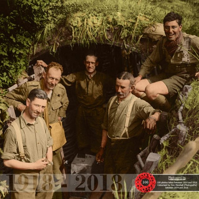 45. British soldiers in a German trench, Messines, Belgium, 1917.