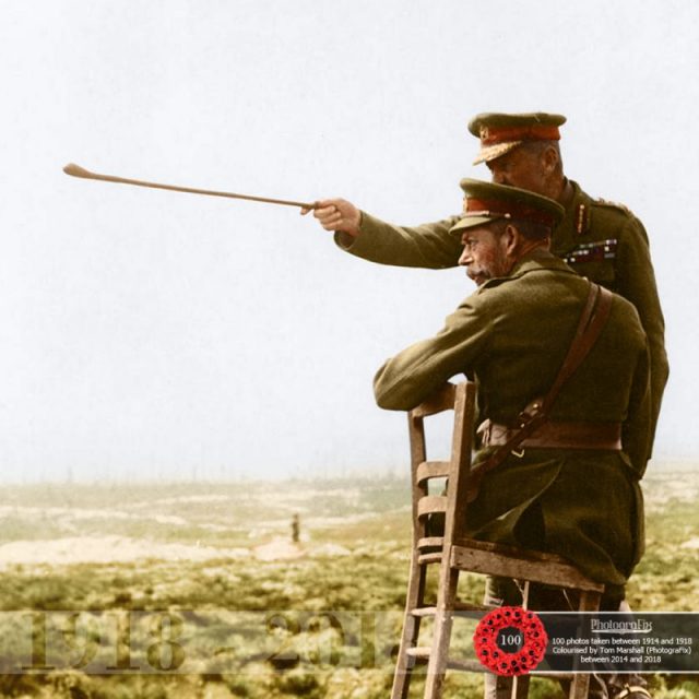 49. King George V sitting next to an army commander, Thiepval, France on the site where Thiepval Chateau once stood.