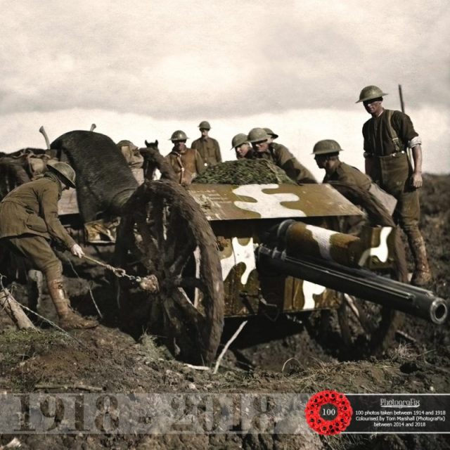 50. An 18 pounder gun being hauled through the mud at Broodseinde Ridge to a position further forward, in support of the advancing Australians, two days before the initial attack on Passchendaele Ridge, in the Ypres sector.