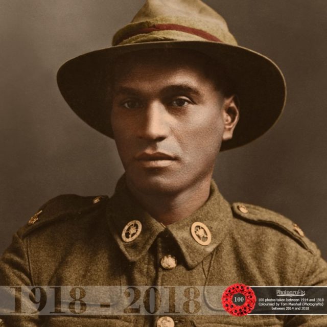 55. A Māori sergeant wearing the badges of the New Zealand Native Contingent, Paris, 1917. This image was colourised for Fair Dinkum Books’ Onward Project.