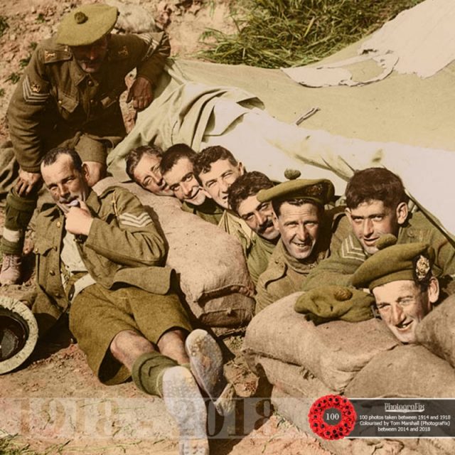57. Men of the 6th Battalion, Argyll and Sutherland Highlanders, resting beneath a tarpaulin, Ypres-Comines Canal, 1st October 1917. Original image courtesy of the National Library of Scotland.