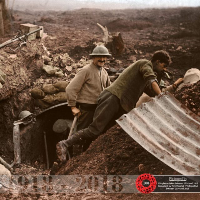 61. Soldiers build a new dug out as they advance. Originally colourised for Uniform Press and used with permission.