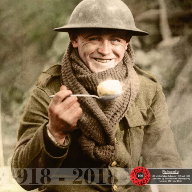 62. This official photograph of a warm, dry, well-fed, smiling ‘Tommy Atkins’ at the front created an impression far removed from reality. Spirits were high initially however, when it was thought that the war would be over in a matter of months.