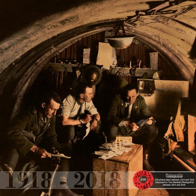 64. An interior view of the dugout occupied by officers of the 105th Howitzer Battery, Belgium: Flanders, West-Vlaanderen, Ypres, Hill 60 – 27th August 1917.