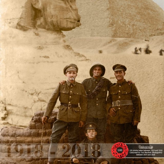 69. Egyptian Expeditionary Force soldiers pose in front of the Great Sphinx and pyramids of Giza, Egypt. Thank you to the author Stuart Hadaway for permission to include the photo here.