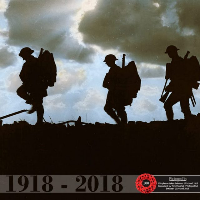 70. Troops moving at Eventide. Men of a Yorkshire regiment on the march. This photo was taken by Ernest Brooks. Original image courtesy of the National Library of Scotland.